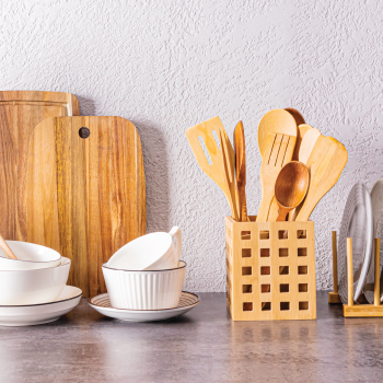 Kitchen with bamboo utensils and cutting board
